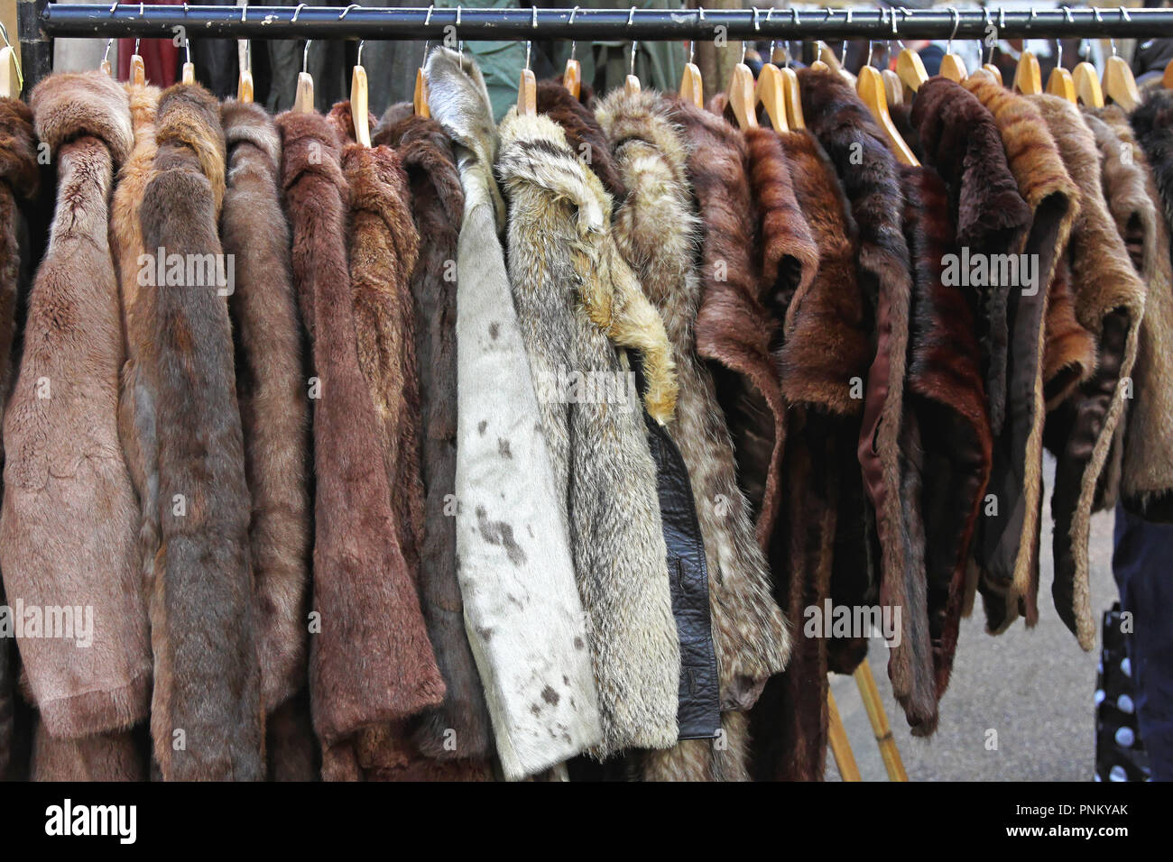 Varios abrigos de piel de animal en perchas Foto de stock