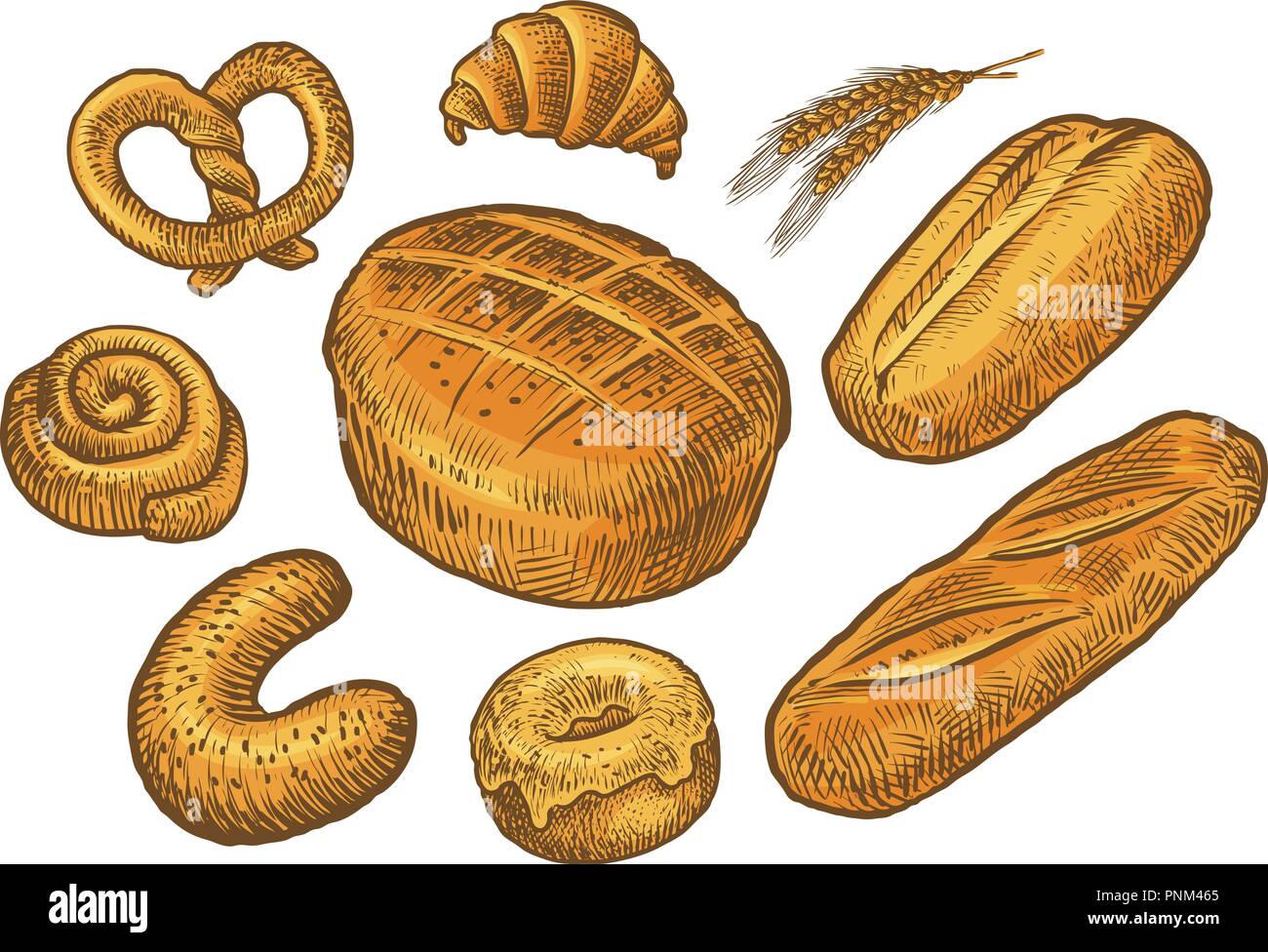 Pan, productos horneados de boceto. Panadería, bakeshop, concepto de comida. Vector Vintage Ilustración del Vector
