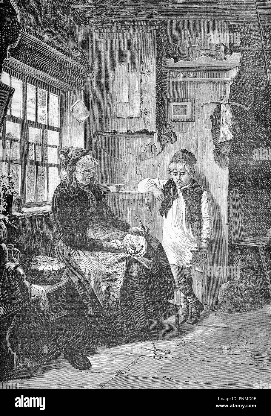 La abuela interrogatorio en casa incómodo hijo sobre algunas irregularidades, ilustración vintage Foto de stock