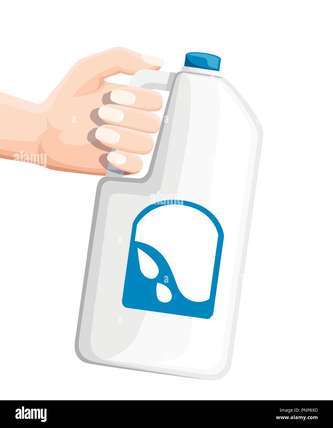 Mano sujetando la botella de plástico grande con leche. Vaso de Leche blanca. Ilustración vectorial plano aislado sobre fondo blanco. Ilustración del Vector