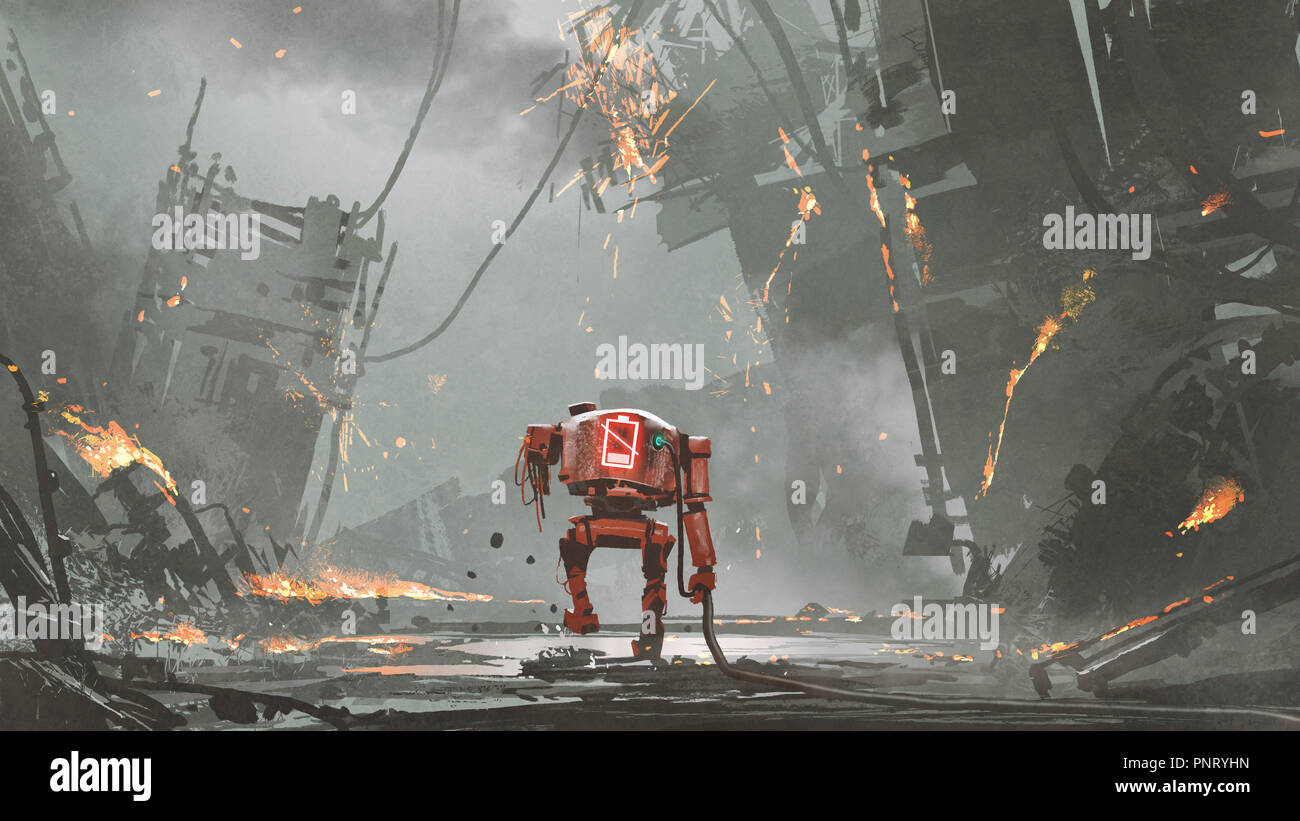 Robot roto con batería baja andando en la ciudad en ruinas, arte digital, Ilustración estilo de pintura Foto de stock