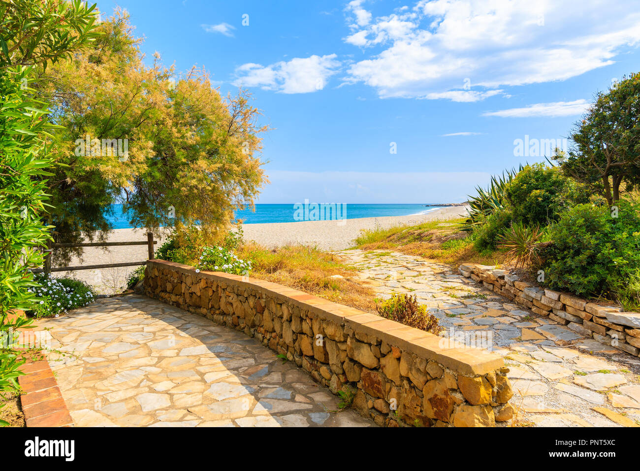 Camino a la playa hermosa con plantas tropicales en el pequeño pueblo costero cerca de Marbella en la Costa del Sol, España Foto de stock
