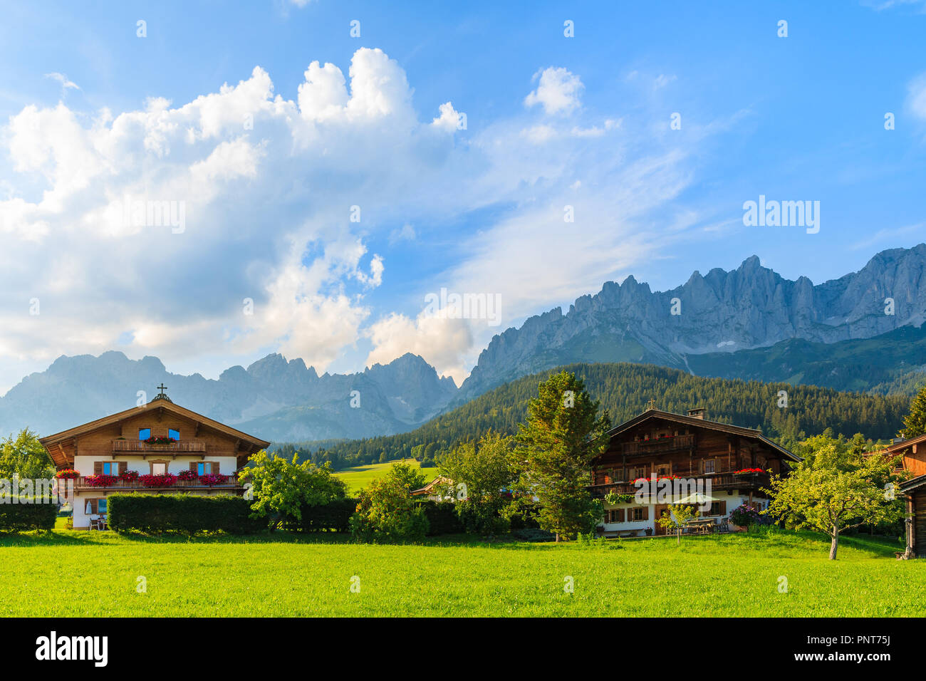 Casas tradicionales en verde prado en ir am Wilden Kaiser Mountain Village, Alpes Kitzbuhel, Austria Foto de stock