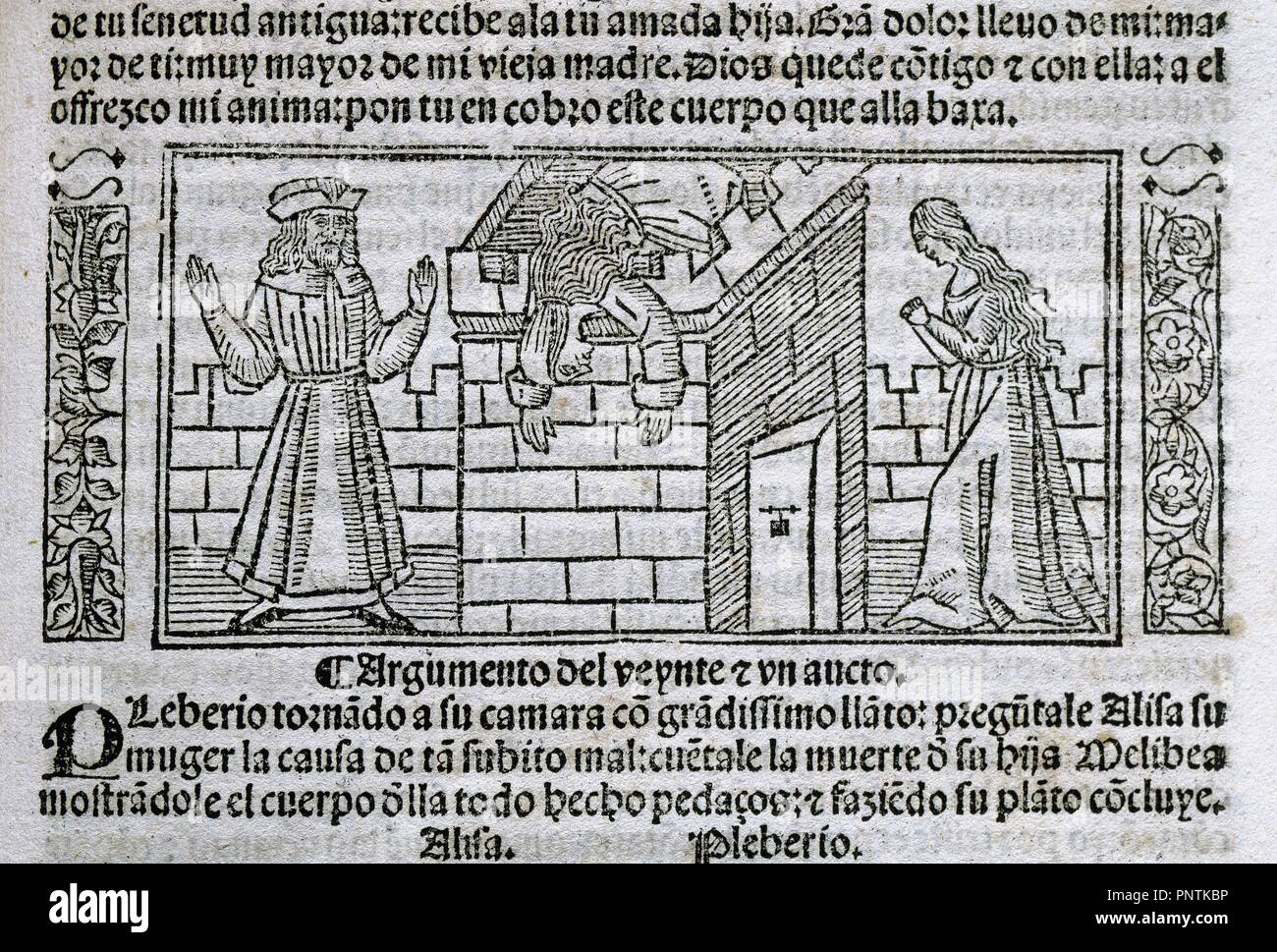 Fernando de Rojas (1465-1541). Escritor español. Tragicomedia de Calisto y Melibea o La Celestina. Grabado. Burgos, 1531. Foto de stock