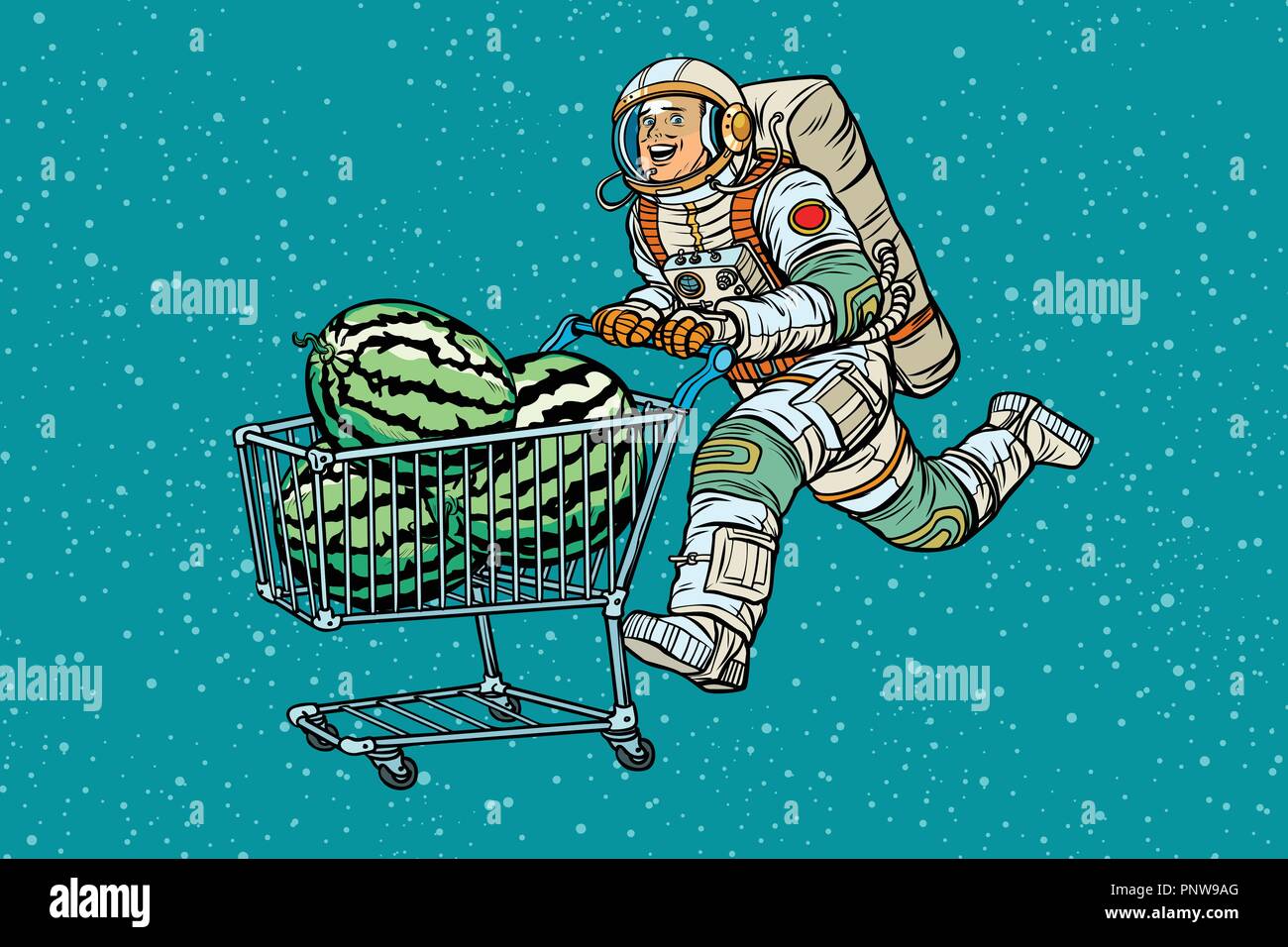 Astronauta sandías. Compra venta carro de compras. Pop art ilustración vector vintage retro kitsch Ilustración del Vector