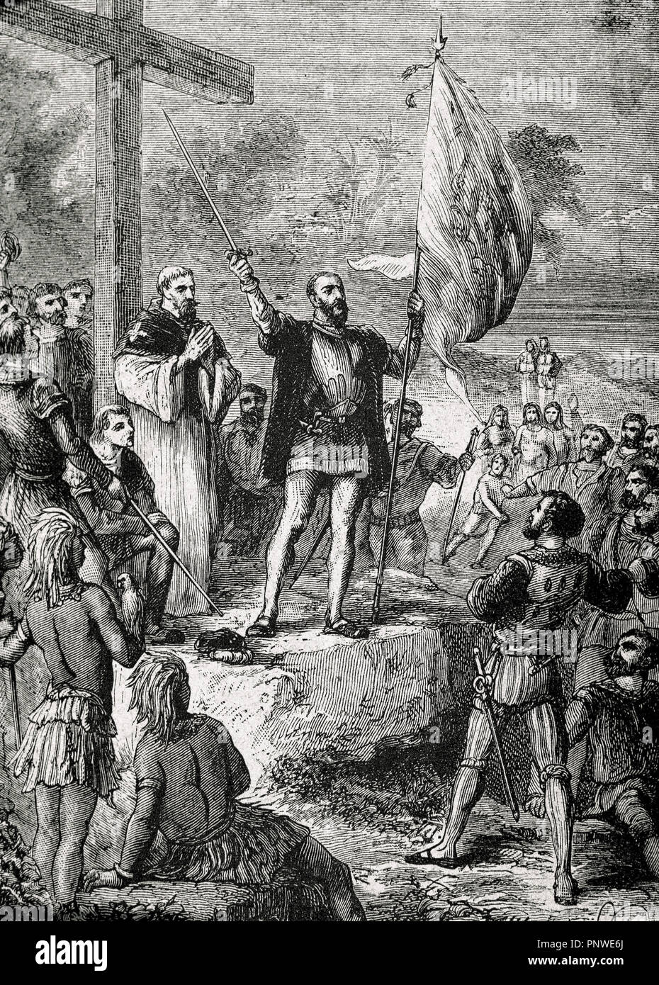 Pedro Alvares Cabral (ca.1467-1520). Navegante y explorador portugués. Descubridor de Brasil. Cabral tomó posesión de Brasil. Grabado. Foto de stock