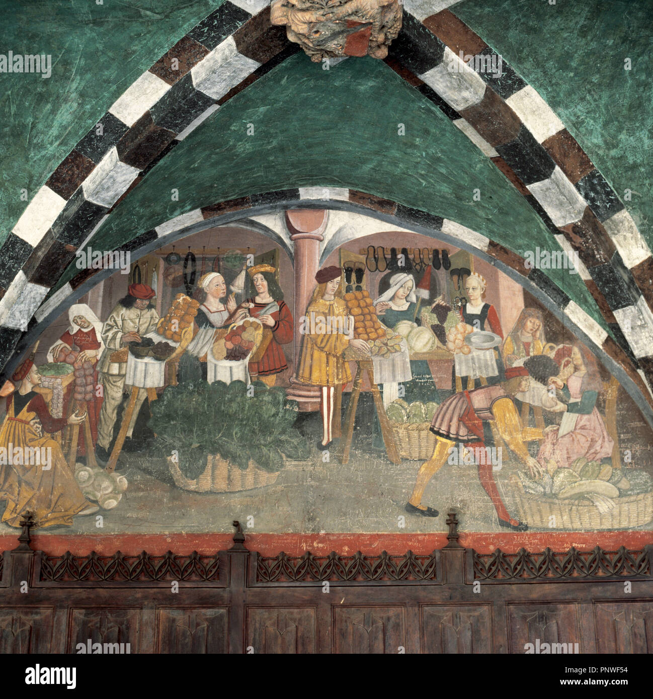 Arte renacentista castillo de Issogne. Murales. c. 1500. Representación de un mercado. Aosta Vallery. Italia. Foto de stock