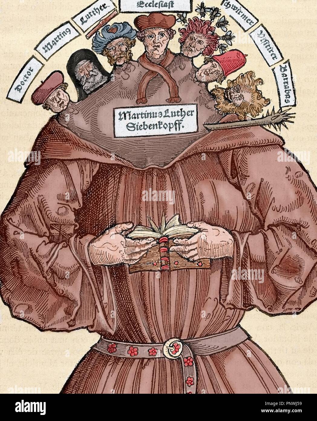 Reforma Protestante. Siglo 16. Alemania. La sátira contra Martín Lutero (1483-1546). Grabado en color. Foto de stock