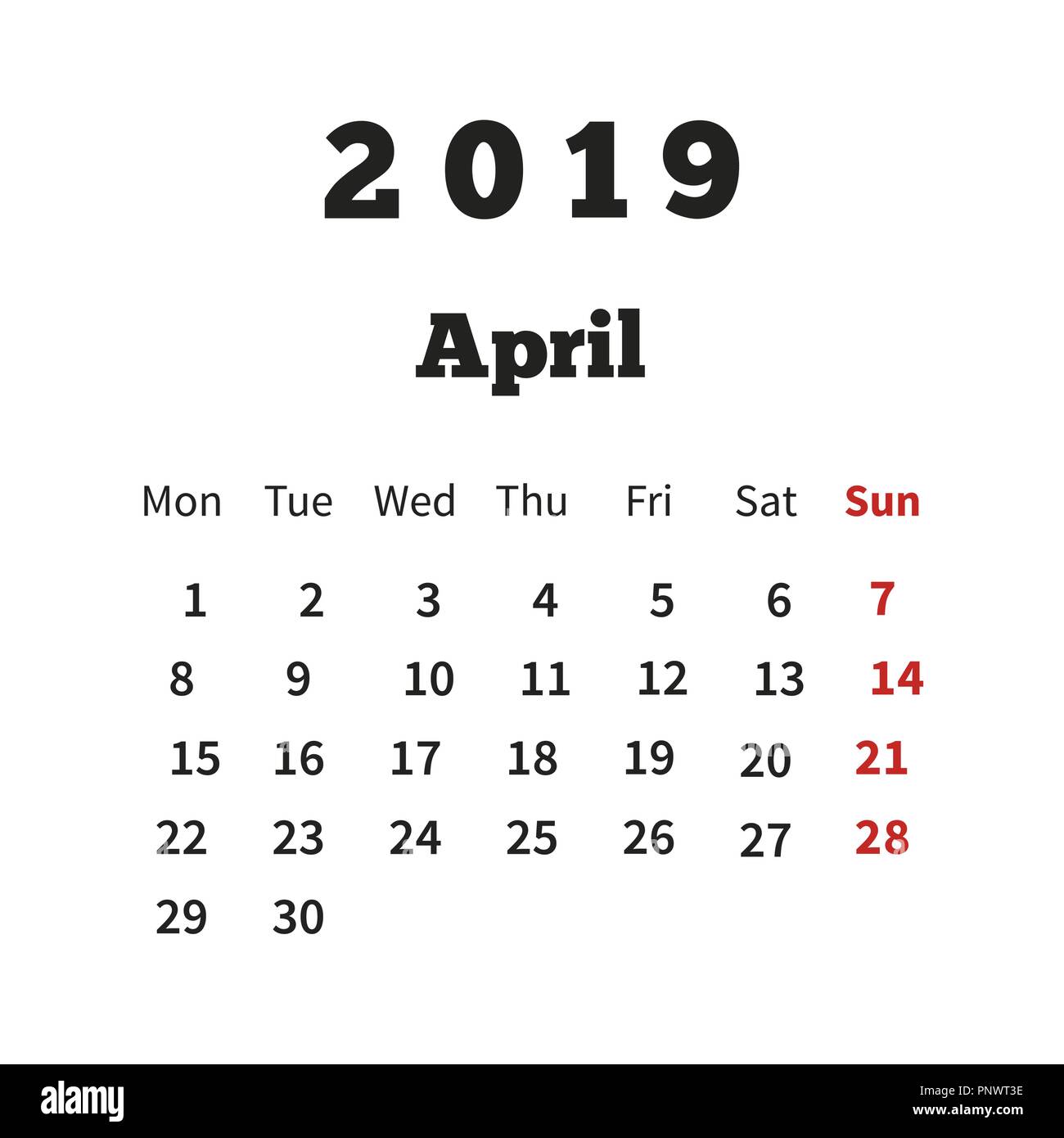 Calendario simple en abril de 2019 año con la semana a partir del lunes  sobre blanco Imagen Vector de stock - Alamy