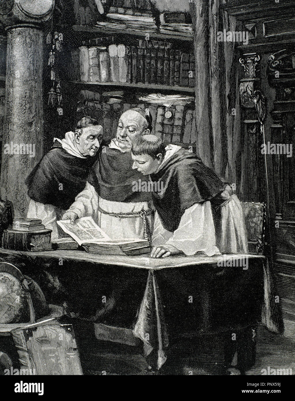 Los monjes leyendo un ejemplar de la Biblia de Gutenberg. Grabado por O. Roth en 'La Ilustración española y americana" (1886). Foto de stock