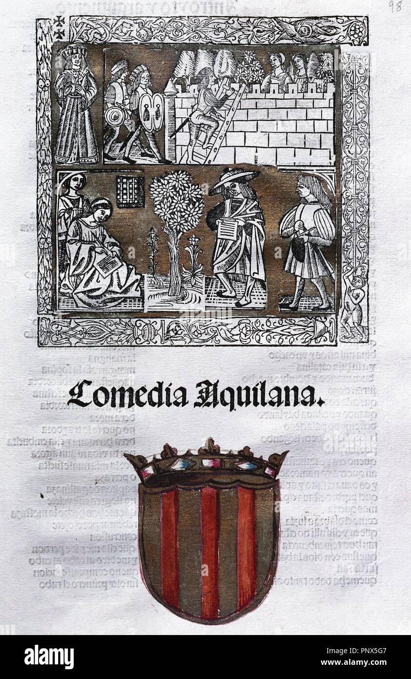Bartolomé de Torres Naharro (c. 1485- c. 1530). Dramaturgo español y escritor de lengua leonesa. Comedia Aquilana. Casa. Edición, 1517. Foto de stock