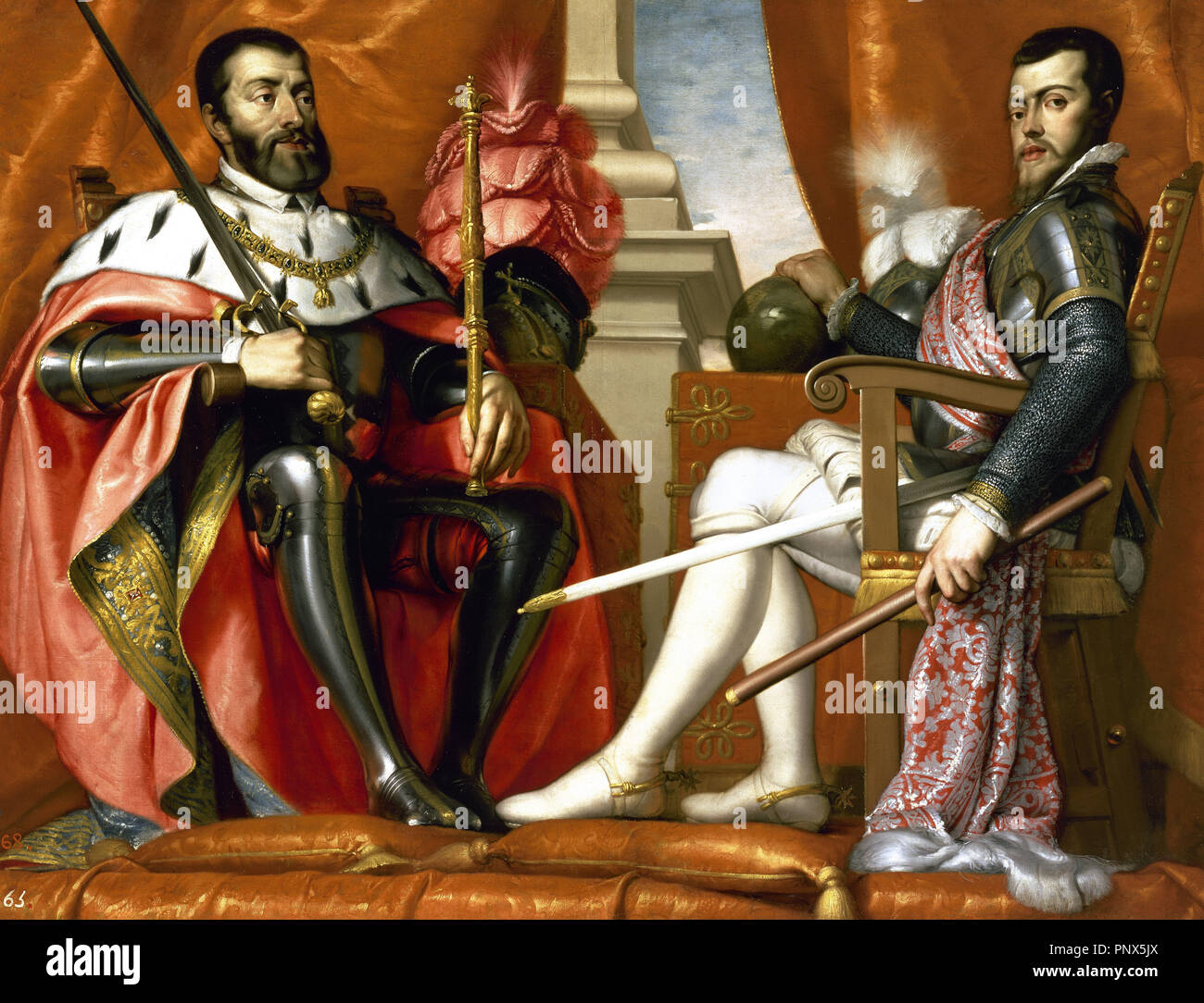 Felipe II (1527-1598) y Carlos I (1500-1558). Los reyes de España. Retrato de Antonio Arias. El Museo del Prado. Madrid. España. Foto de stock