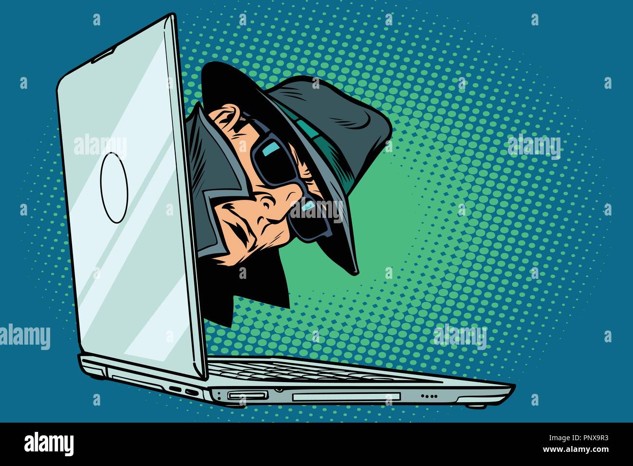Spy. ordenador portátil. Vigilancia y hacking Ilustración del Vector