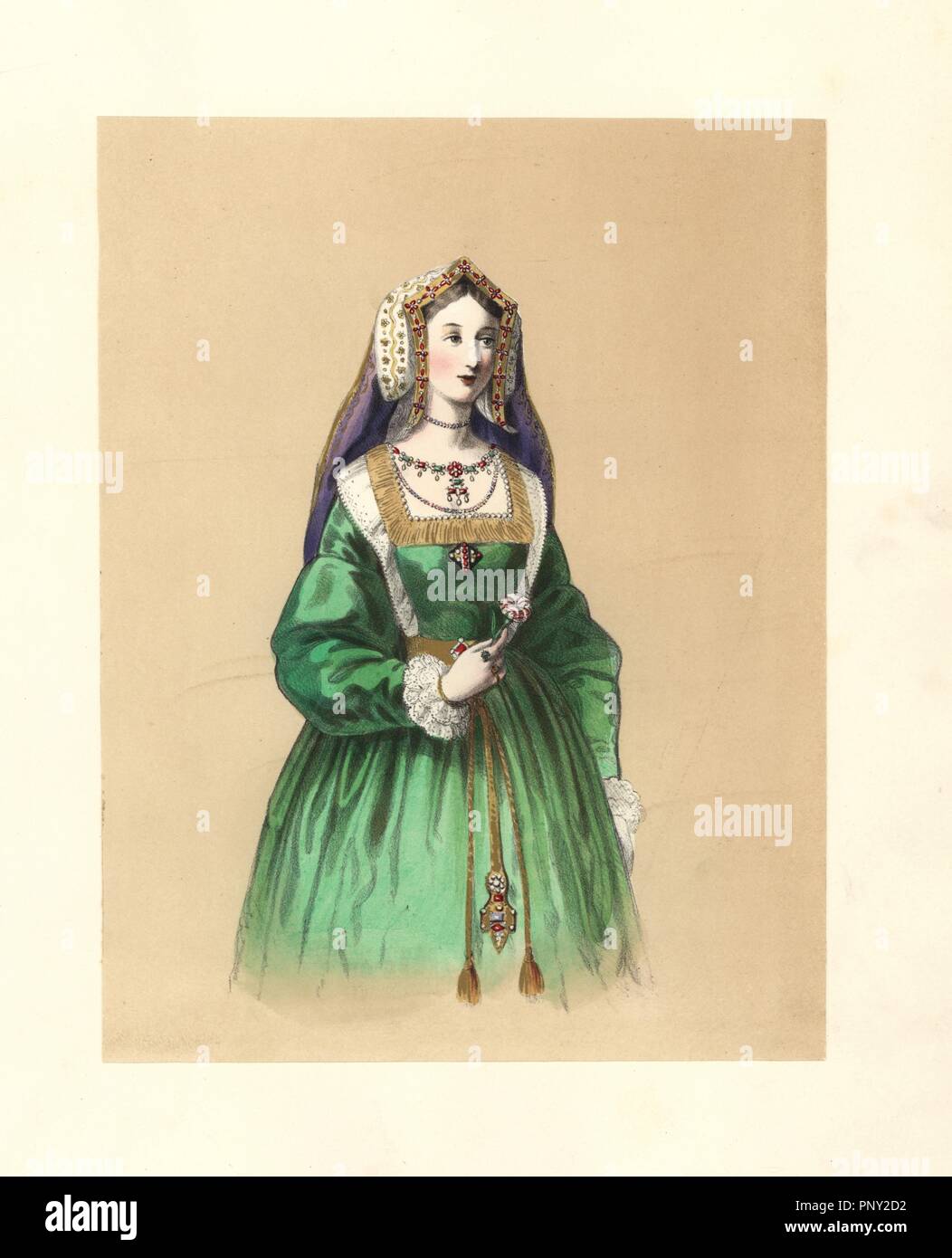 Vestido de la primera parte del reinado de Enrique VIII, 15091520. Ella lleva un vestido verde con cuello cuadrado, puños de encaje en las mangas puff, correa de oro y piedras preciosas, Vestido de la primera parte del reinado de Enrique VIII, 15091520. Ella lleva un vestido verde con cuello cuadrado, puños de encaje en las mangas puff, correa de oro y piedras preciosas,
