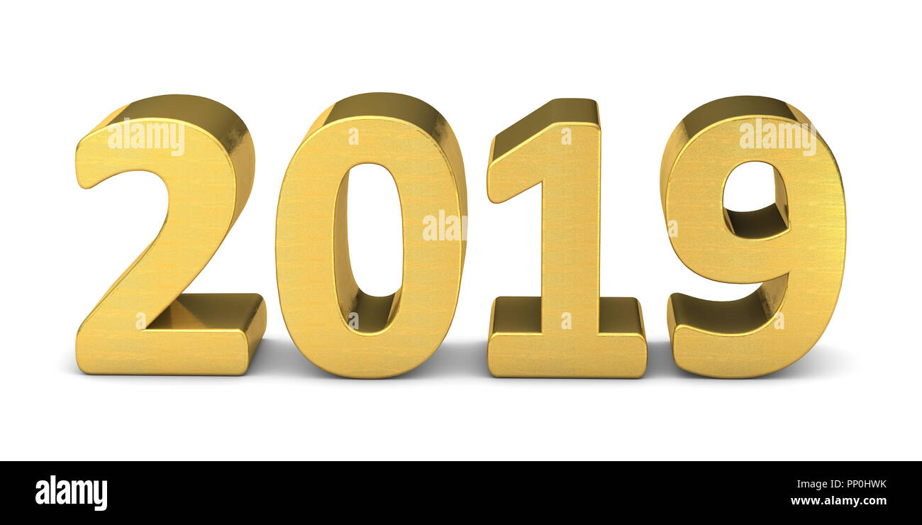 Año nuevo 2019 oro texto 3D rendering Foto de stock