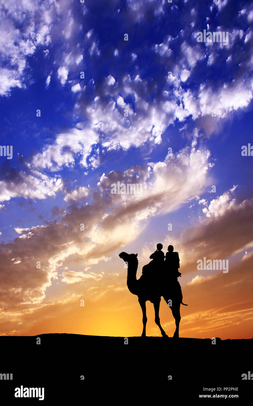 Caminando con el camello a través del desierto de Thar en la India, muestran la silueta y espectacular cielo Foto de stock