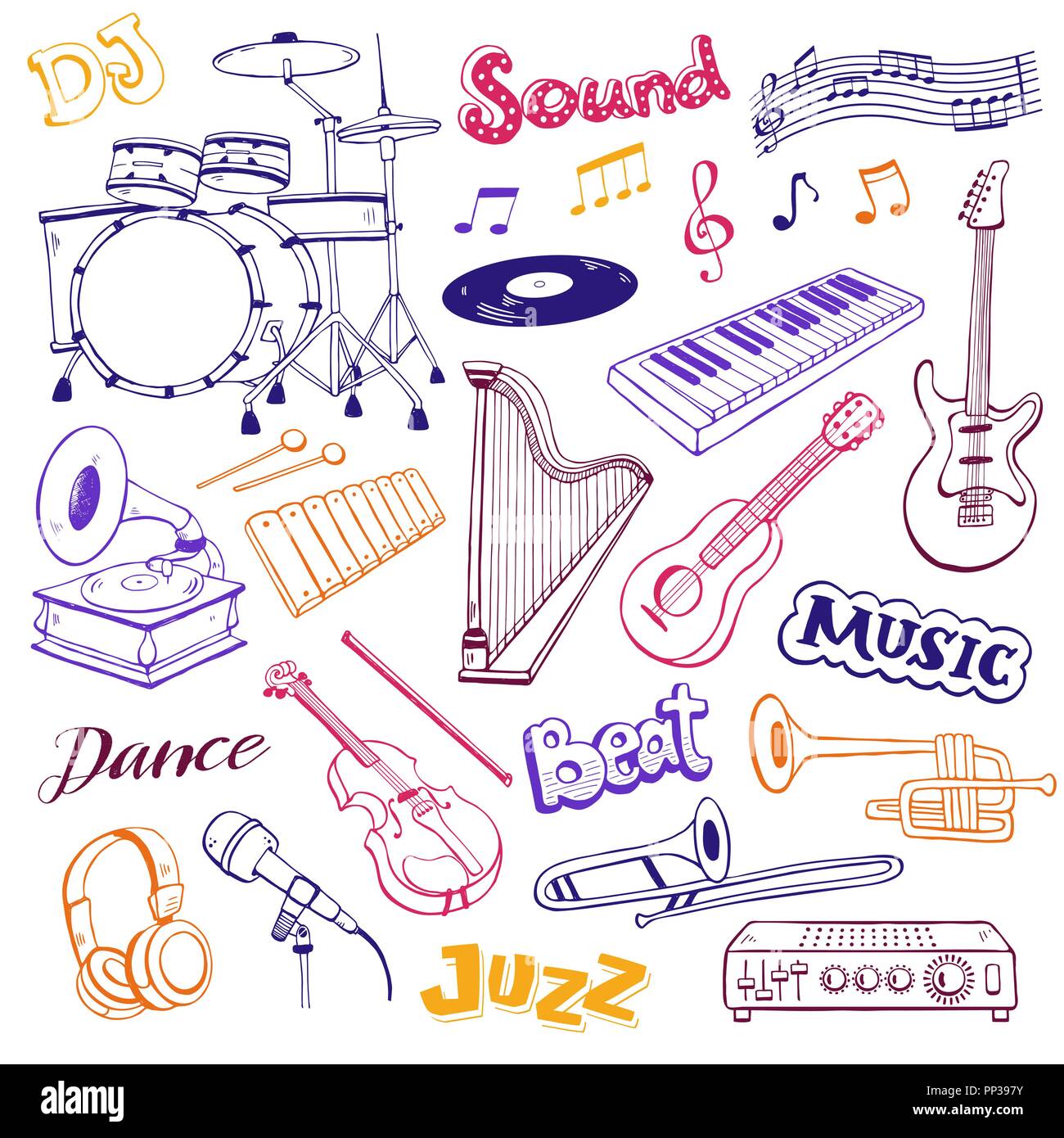 Conjunto de Elementos musicales Ilustración del Vector