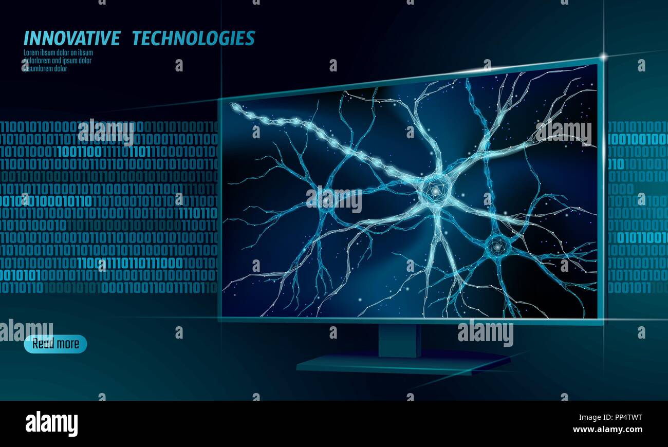 Neuron baja Anatomía Humana poli concepto. Tecnología de red neural artificial casa inteligente mostrar cloud computing. AI 3D biología sistema abstracto. Poligonal brillante azul ilustración vectorial Ilustración del Vector