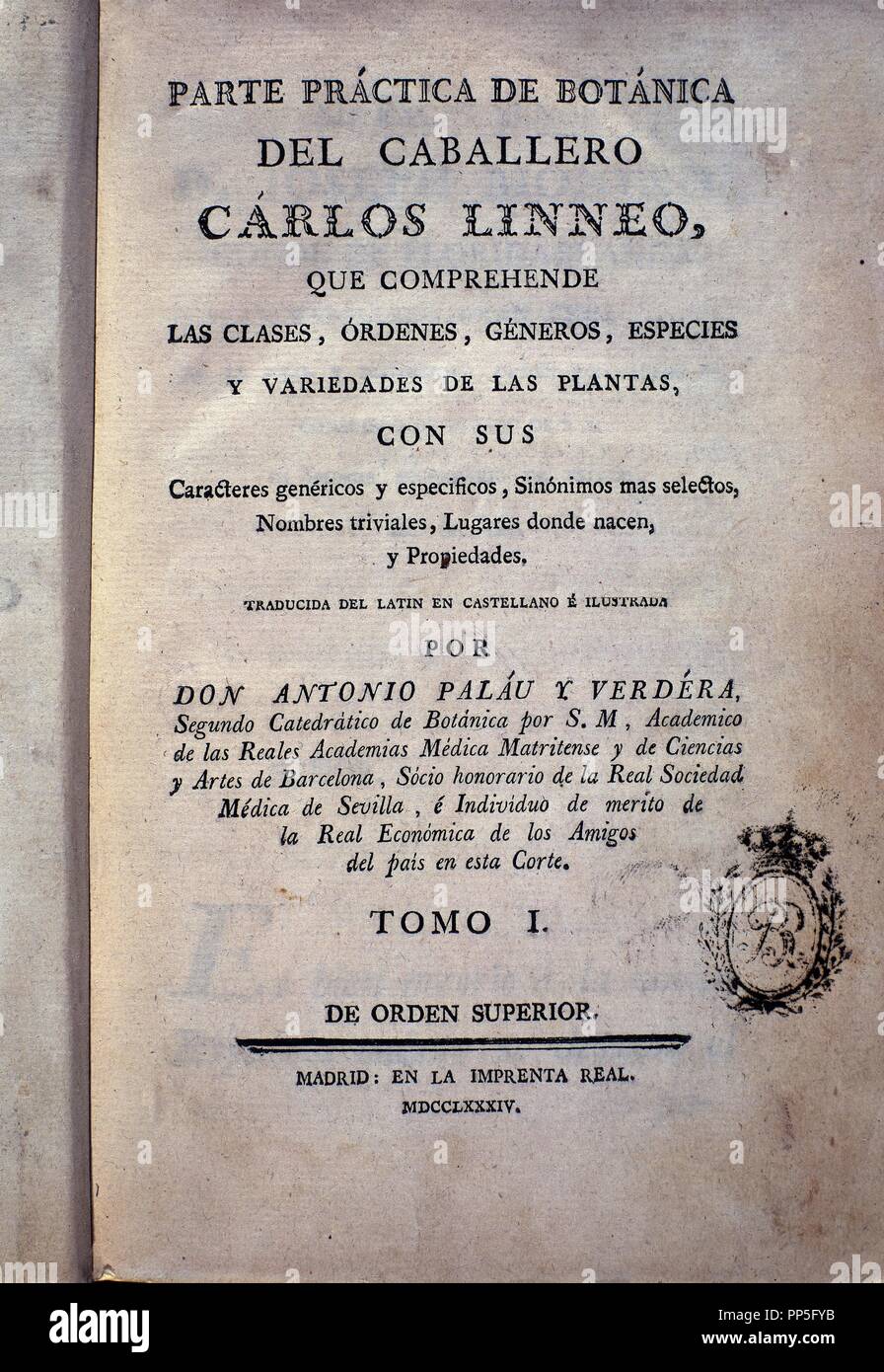 Libro botánico- 1784. Autor: Carlos Linneo. Ubicación: BIBLIOTECA NACIONAL DE COLECCION. MADRID. España. Foto de stock