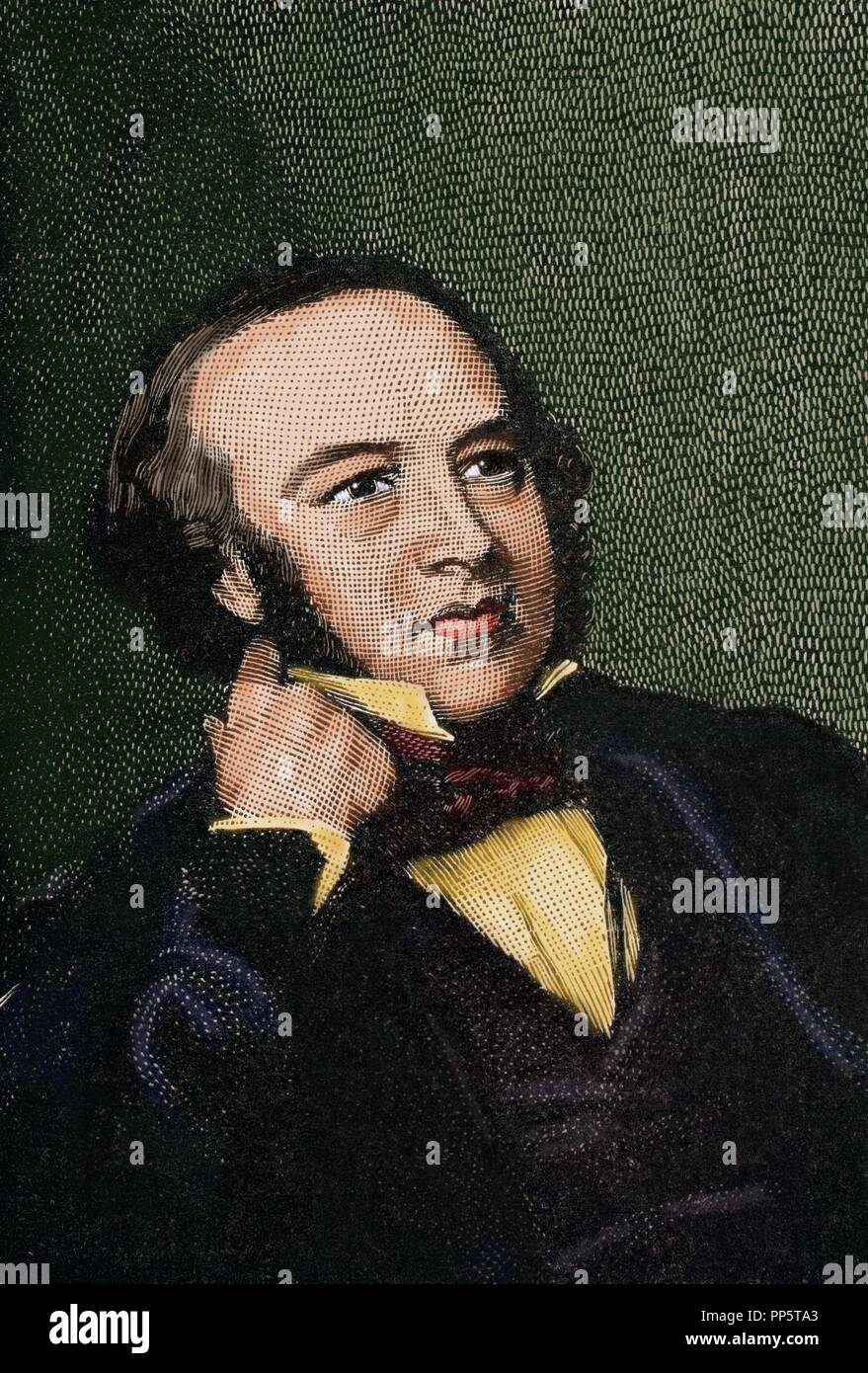 Sir Rowland Hill (1795 âA i  1879). Fue maestro y creador del primer sello británico en la historia: El Penny Black. Grabado. La Historia Universal, 1892. Coloreada. Foto de stock