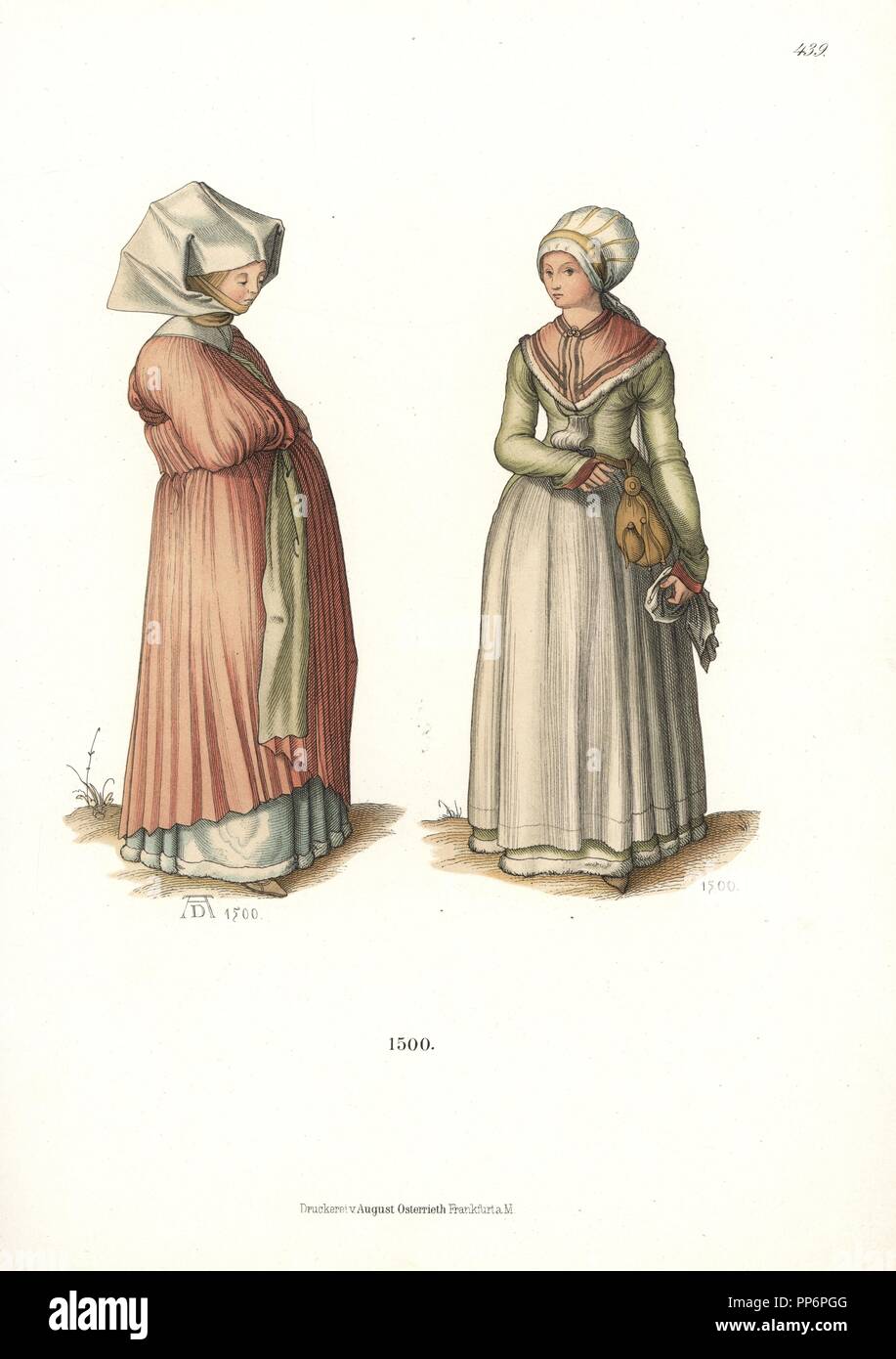 Mujer en ropa almidonada tocado conocido como Sturz, y una mujer en traje  nacional, 1500, a partir de un dibujo coloreado por Albrecht Durer en la  colección Albertina de Viena. Desde Hefner-Alteneck