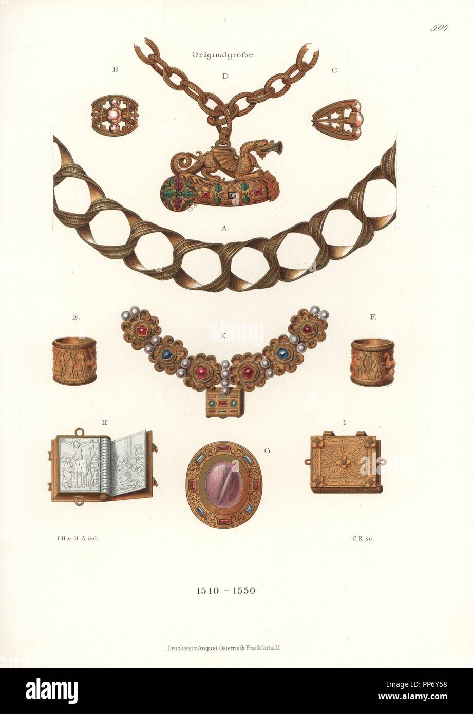 Joyería alemana, a del XVI. Anillos, cadenas, collar de oro y plata con piedras preciosas y libro en miniatura. Hefner-Alteneck Chromolithograph 'trajes, ilustraciones y dispositivos desde la Edad Media