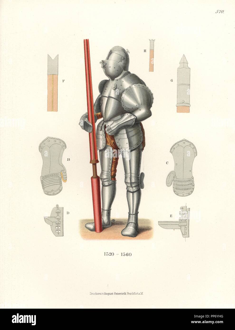 Caballero alemán en armaduras medievales, de mediados del siglo XVI.  Guanteletes B,C, y puntas de lanza para diferentes tipos de torneos F,G,H.  A partir de una armadura de Dresden, el Museo de