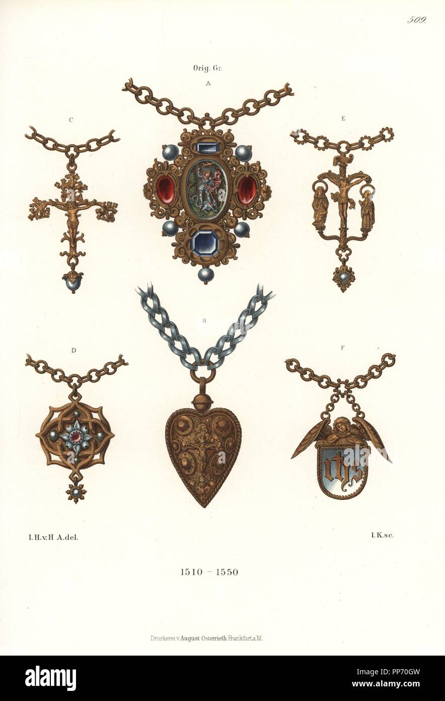 La mujer, joyas de principios del siglo XVI. Colgantes de oro y plata incluyendo cadenas de esmalte de San Jorge, Cristo en la cruz, las flores y ángeles. Desde Hefner-Alteneck Chromolithograph '