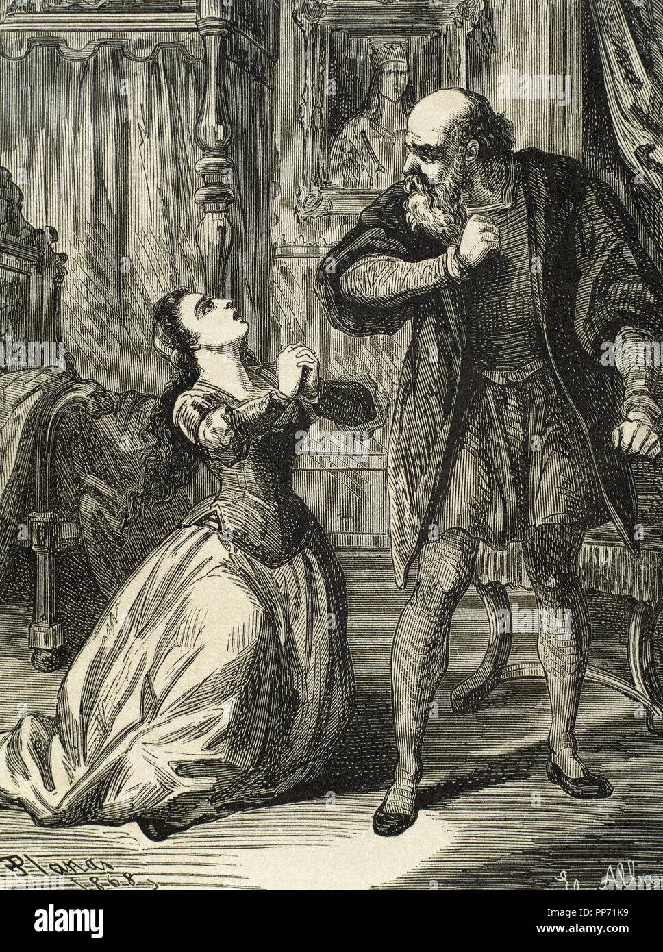 William Shakespeare (1564-1616). Escritor inglés. Romeo y Julieta. Juliet  implora perdón de su padre. Grabado por Planas, 1868 Fotografía de stock -  Alamy