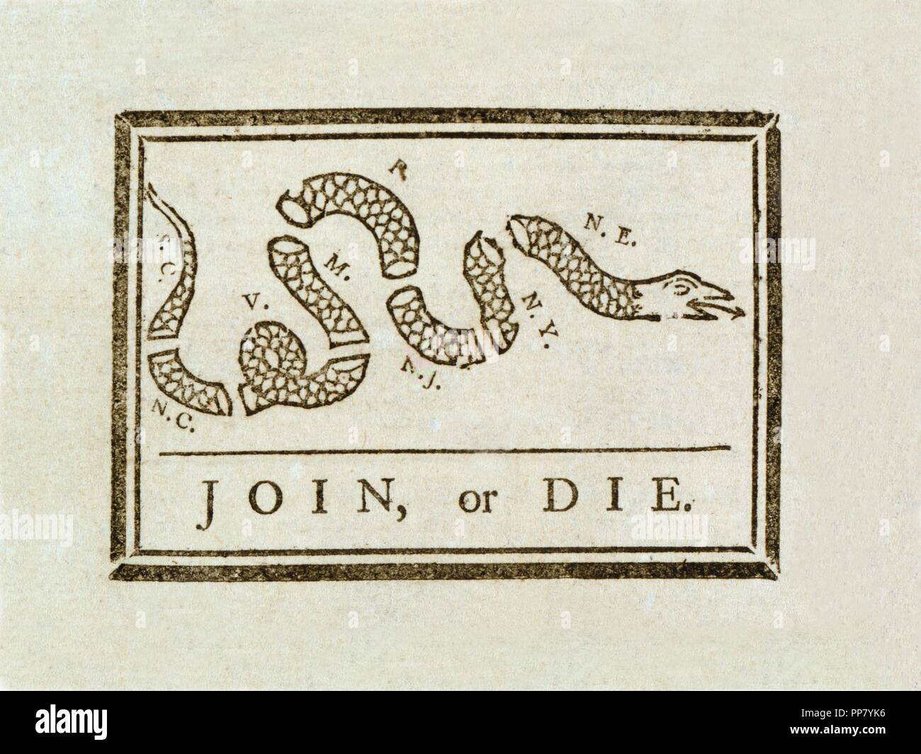 Ben Franklin unirse o morir caricatura política desde Pennsylvania Gazette, 1754 Foto de stock
