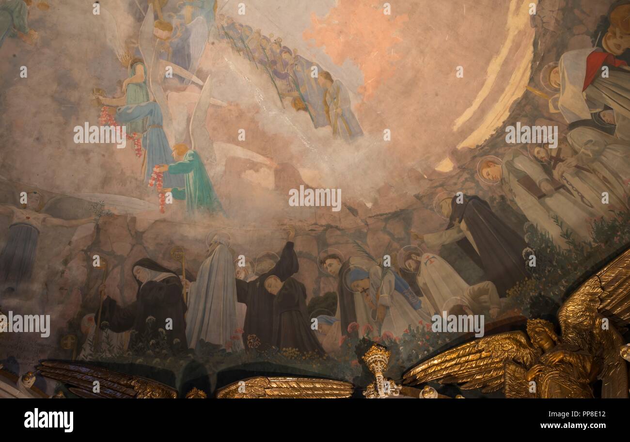 Detalle del Apoteosis de la Virgen, 1896-1898. Pintura mural de la cúpula del cambril de la Virgen. Monasterio de Montserrat. Cataluña. Autor: Llimona, Joan. Foto de stock