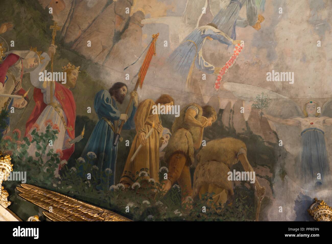Detalle del Apoteosis de la Virgen, 1896-1898. Pintura mural de la cúpula del cambril de la Virgen. Monasterio de Montserrat. Cataluña. Autor: Llimona, Joan. Foto de stock
