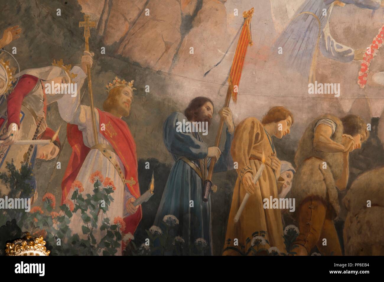 Detalle del Apoteosis de la Virgen, 1896-1898. Pintura mural de la cúpula del cambril de la Virgen. Monasterio de Montserrat. Cataluña. Autor: Llimona, Joan. Foto de stock