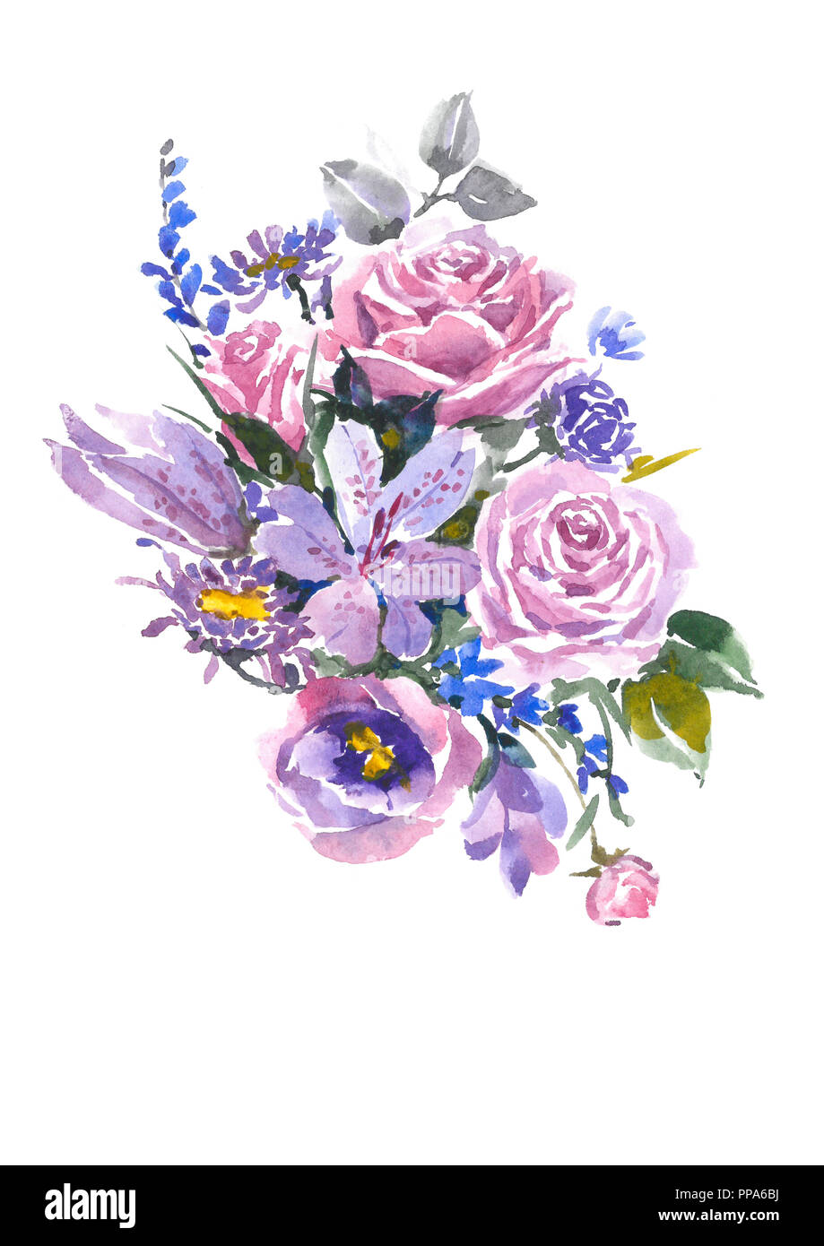 Bouquet de flores decorativas. Bouquet con flores de color rosa y azul.  Fondo de acuarela Fotografía de stock - Alamy
