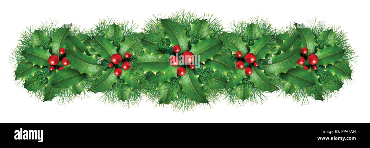Navidad holly decoración floral muérdago eje frontera elemento gráfico con una temporada de invierno de pinos ornamentales fronterizas para una fiesta alegre. Foto de stock