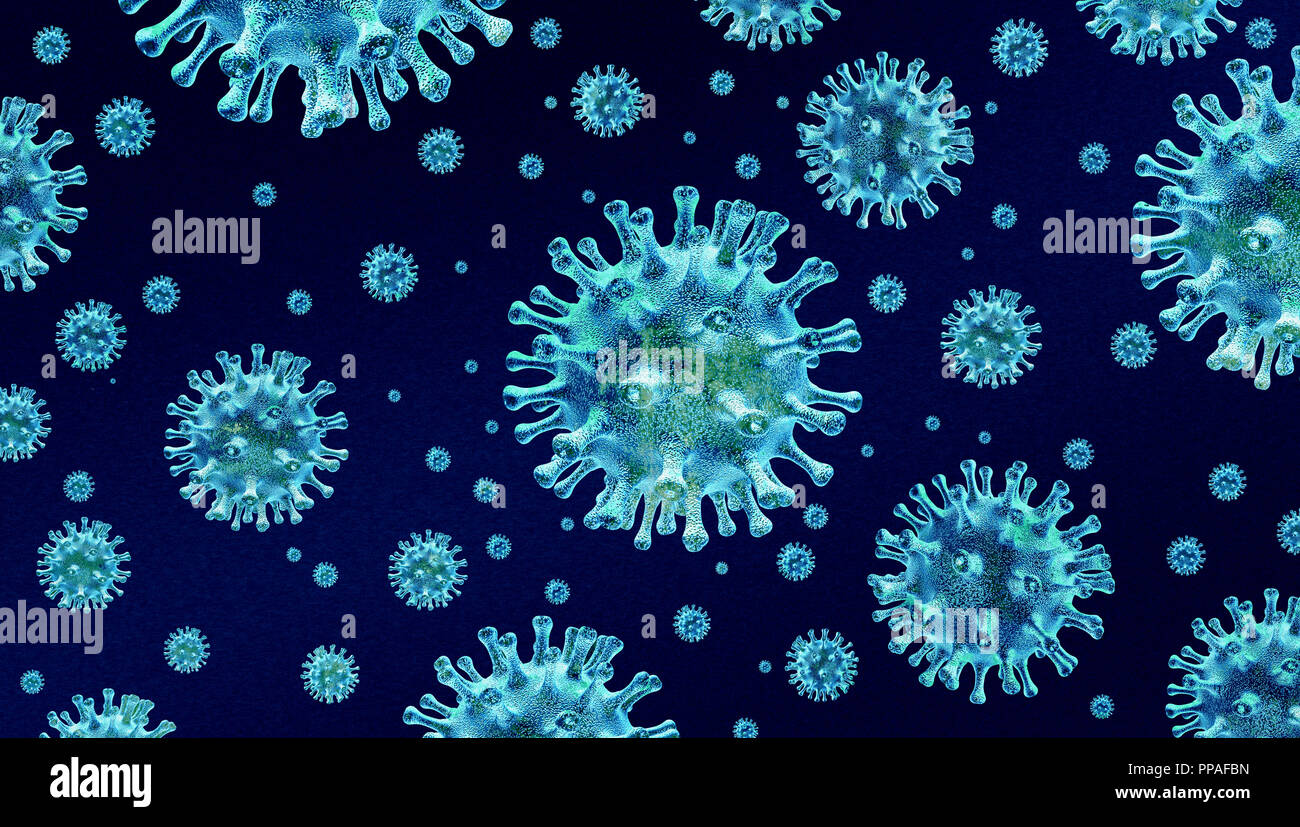 Antecedentes de la influenza y el brote de gripe pandémica concepto médico con enfermedad de celdas como 3D Render Foto de stock