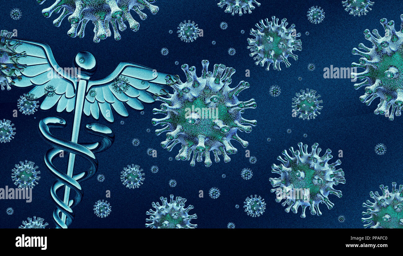 El brote de gripe aviar y pandemia concepto médico como un caduceo sobre un fondo de células de la enfermedad como una ilustración 3D. Foto de stock