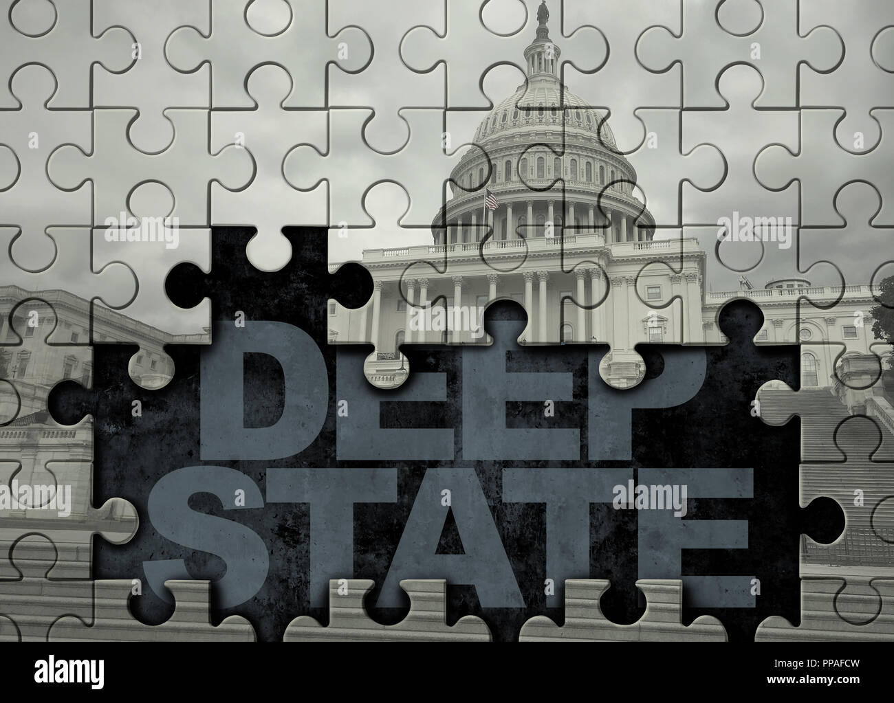 Estado profundo concepto la política norteamericana y Estados Unidos símbolo político de una burocracia gubernamental subterránea secreta ilustración 3D con estilo. Foto de stock