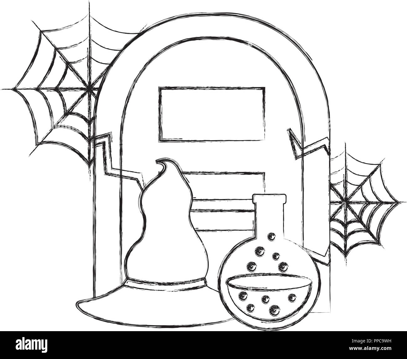 Tumba de halloween sombrero y frasco de poción ilustración vectorial dibujo a mano Imagen Vector