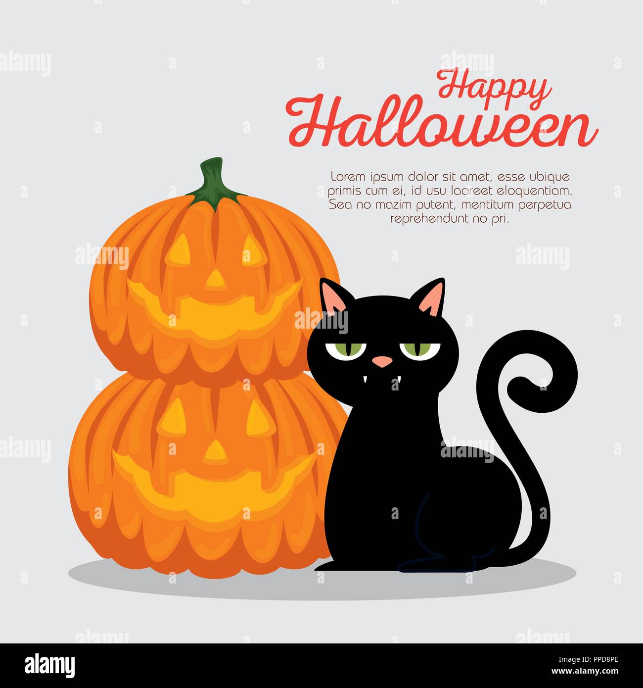 Tarjeta de felicitación de Halloween con Calabaza y gato Ilustración del Vector