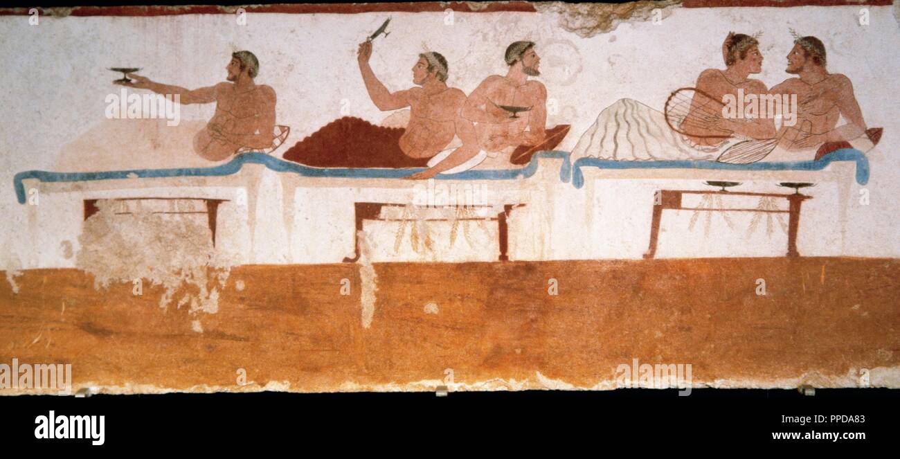 Arte Griego. Tumba del buceador. 5to siglo A.C.. Utilizando un verdadero fresco técnica. Simposio, pared norte. Museo Nacional de Paestum. Italia. Foto de stock