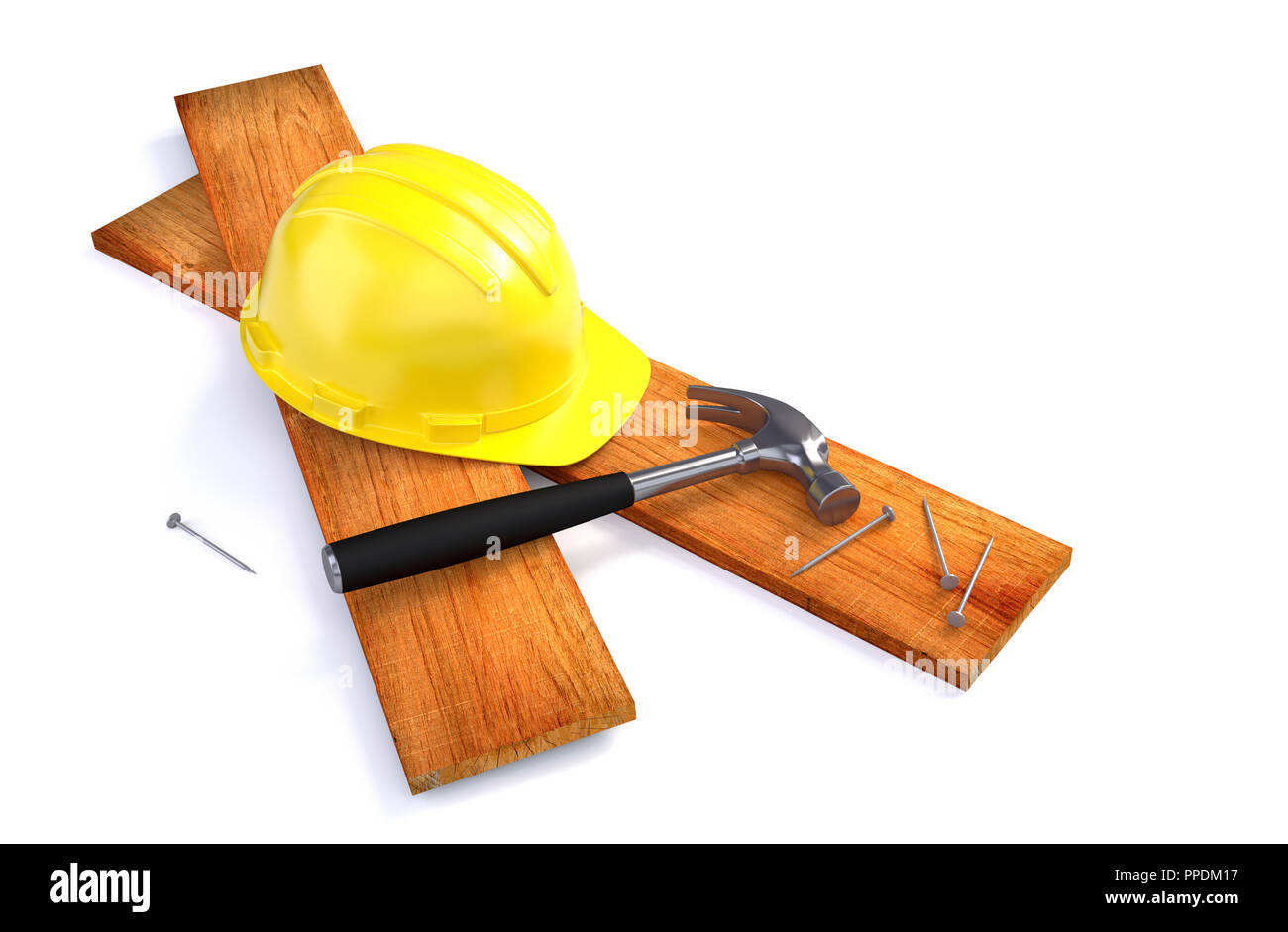 Sombrero duro y herramientas de trabajo - Concepto de construcción. Ilustración 3D Foto de stock