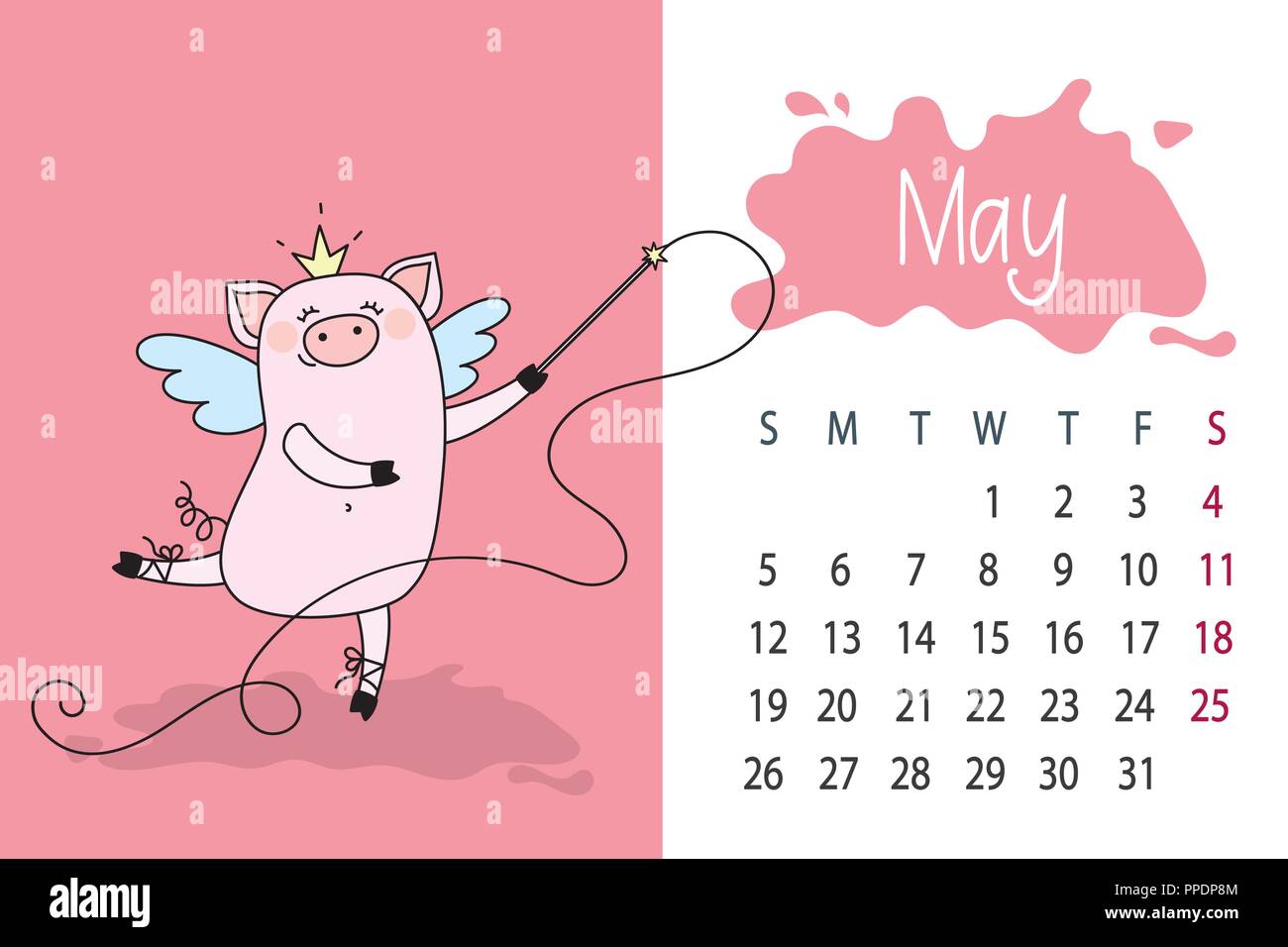 Mes de mayo de 2019 año calendario página con cerdo rosado lindo,gracioso  cerdito Imagen Vector de stock - Alamy