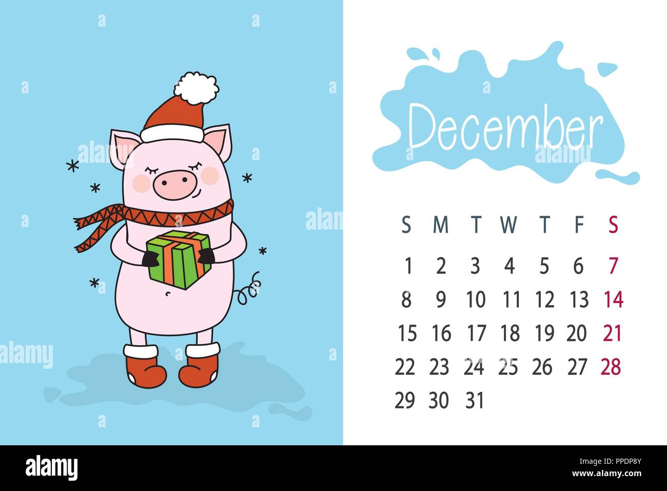 Mes de Diciembre 2019 año calendario página con lindo cerdo rosado