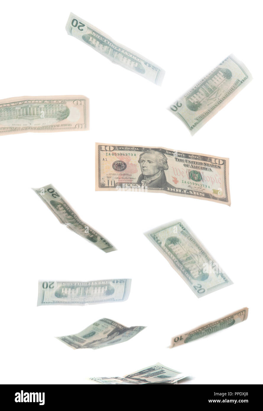 Caída de Dólares Americanos aislado en blanco Foto de stock