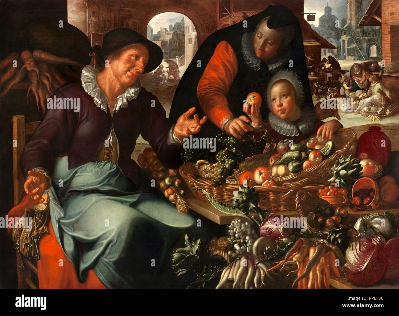 Joachim Wtewael, el vendedor de frutas y verduras. Circa 1618. Óleo sobre lienzo. El Centraal Museum de Utrecht, Países Bajos. Foto de stock