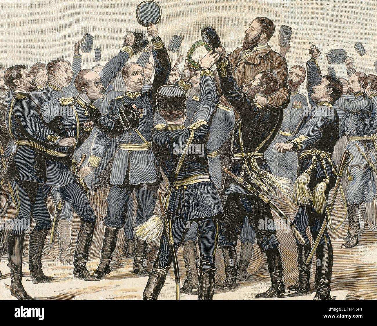 Alejandro de Battenberg (1857-1893). Príncipe de Bulgaria (1879-1886). El príncipe Alexander es aclamado en regresar a sus miembros. Grabado en color. Foto de stock