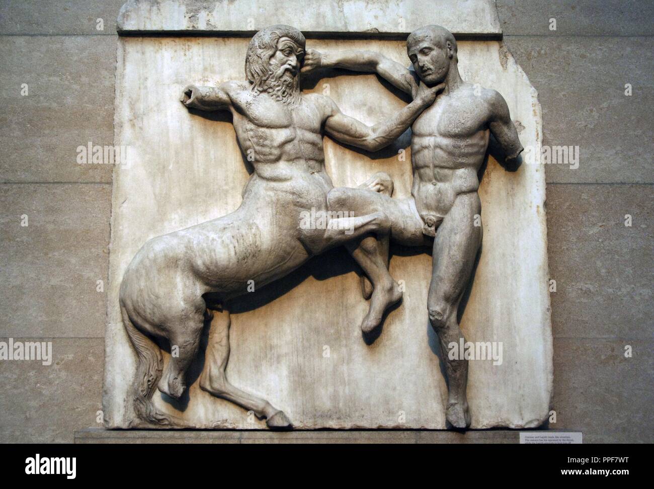 Sur metope XXXI de los mármoles del Partenón, que representan una parte de la batalla entre los centauros y Lapiths. 5to siglo A.C.. Atenas. Museo Británico. Londres. Reino Unido. Foto de stock