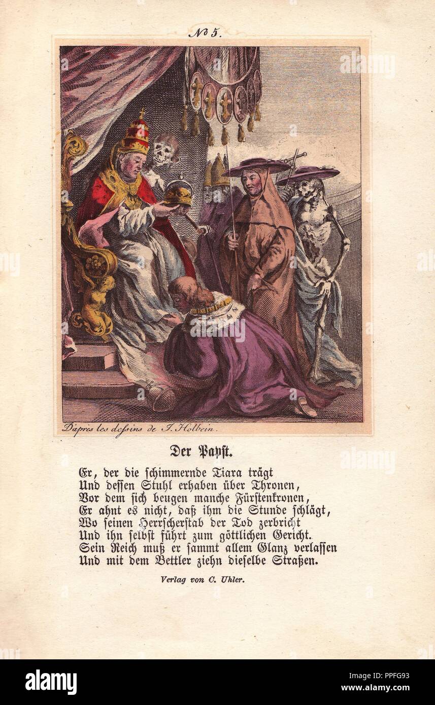 El Papa es la coronación de un Emperador, que se arrodilla ante él, dos cardenales presentes, uno de los cuales es absurdamente personated por la muerte. En el fondo hay obispos, etc. La Muerte abraza al Papa con una mano y con la otra se apoya en una muleta. Grabado pintado a mano por Chretien de Mechel de Hans Holbein 'El Triunfo de la Muerte", sobre la base de los dibujos originales de Peter Paul Rubens, 1860. Foto de stock