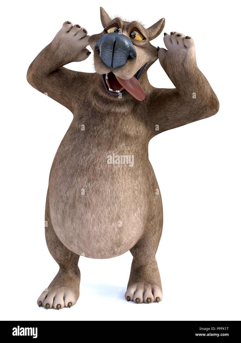 Representación 3D de una encantadora sonrisa cartoon bear introduciendo su lengua y haciendo una cara de tonto. Fondo blanco. Foto de stock